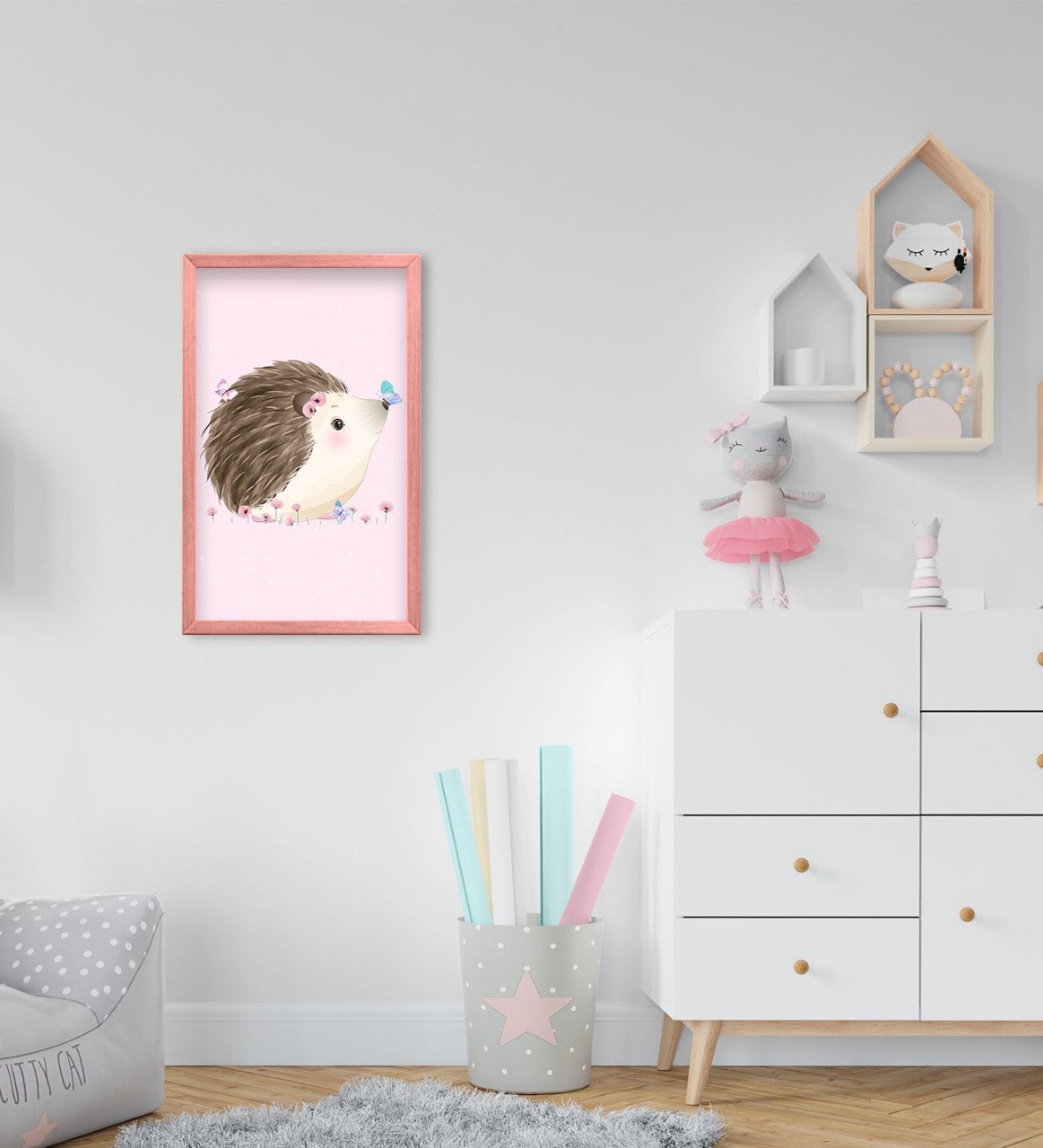 BK Home Sevimli Kirpi Tasarımlı Dekoratif Pembe Ahşap Çerçeveli Çocuk Odası Tablo-1