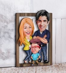 BK Gift Kişiye Özel 3'lü Aile Karikatürlü 3D Ahşap Tablo