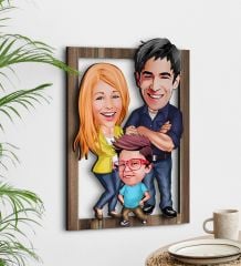 BK Gift Kişiye Özel 3'lü Aile Karikatürlü 3D Ahşap Tablo