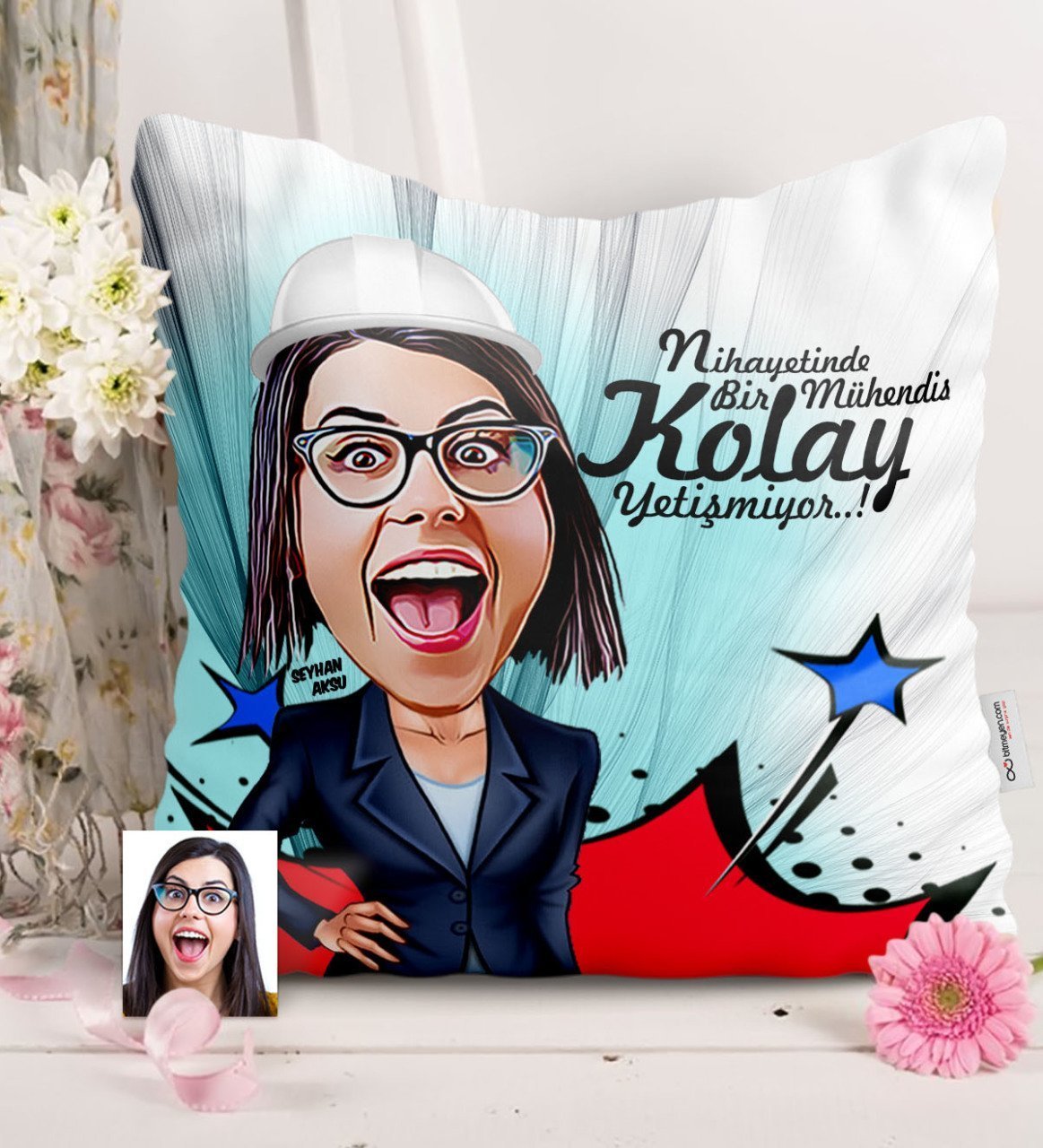 Kişiye Özel Bayan Mühendis Karikatürlü Saten Yastık - 1
