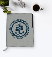 Kişiye Özel Çapa Tasarımlı Gri Termo Deri Defter-2