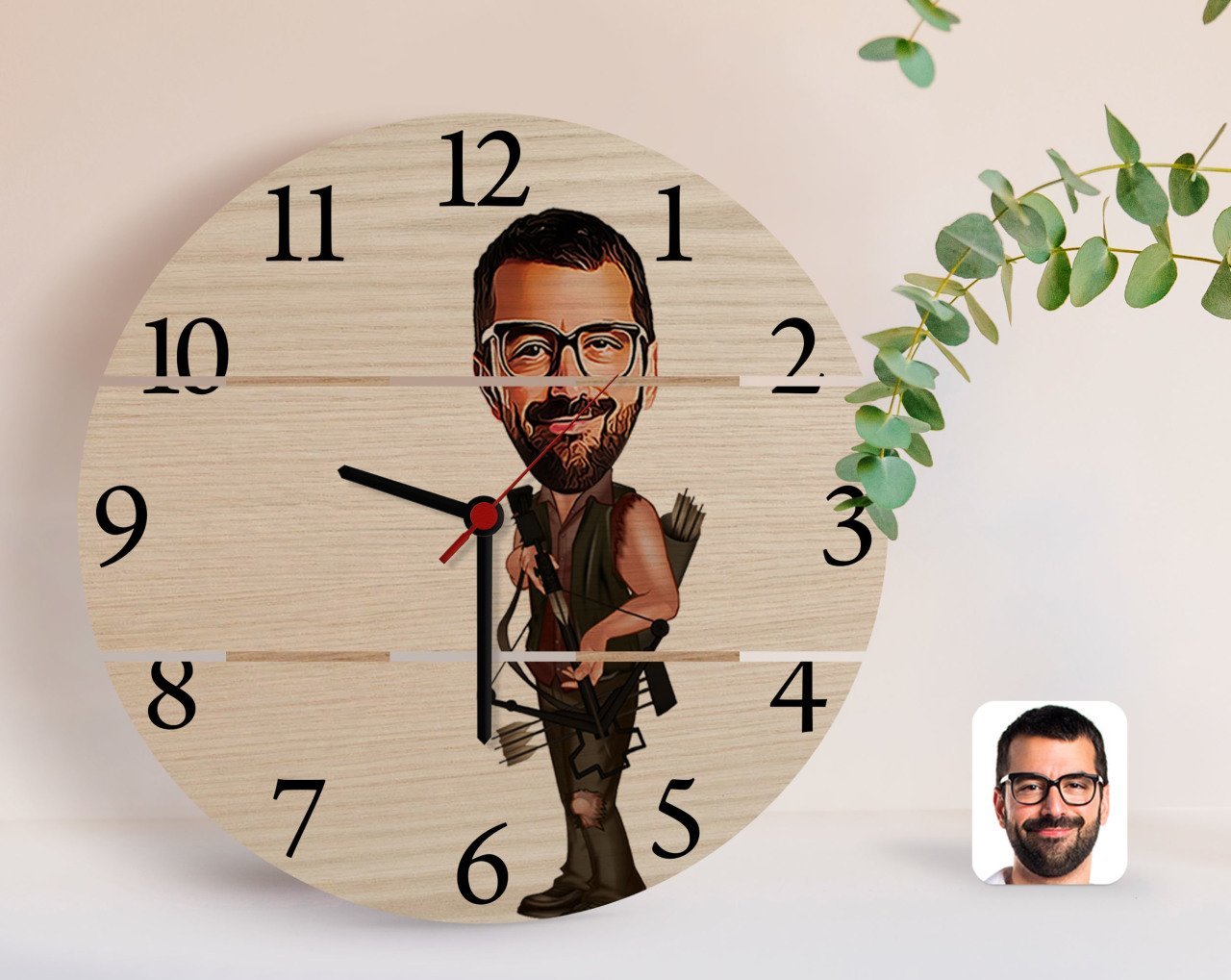 Kişiye Özel Okçu Karikatürlü Otantik Ahşap Palet Saat-1