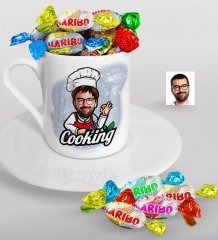 Kişiye Özel Bay Chef Karikatürlü Türk Kahvesi Fincanı ve Haribo Şeker Hediye Seti-14