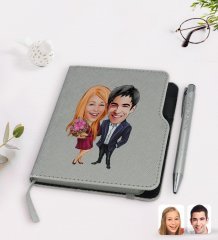 Kişiye Özel Sevgililer Karikatürlü Gri Termo Deri Defter Kalem Seti-94
