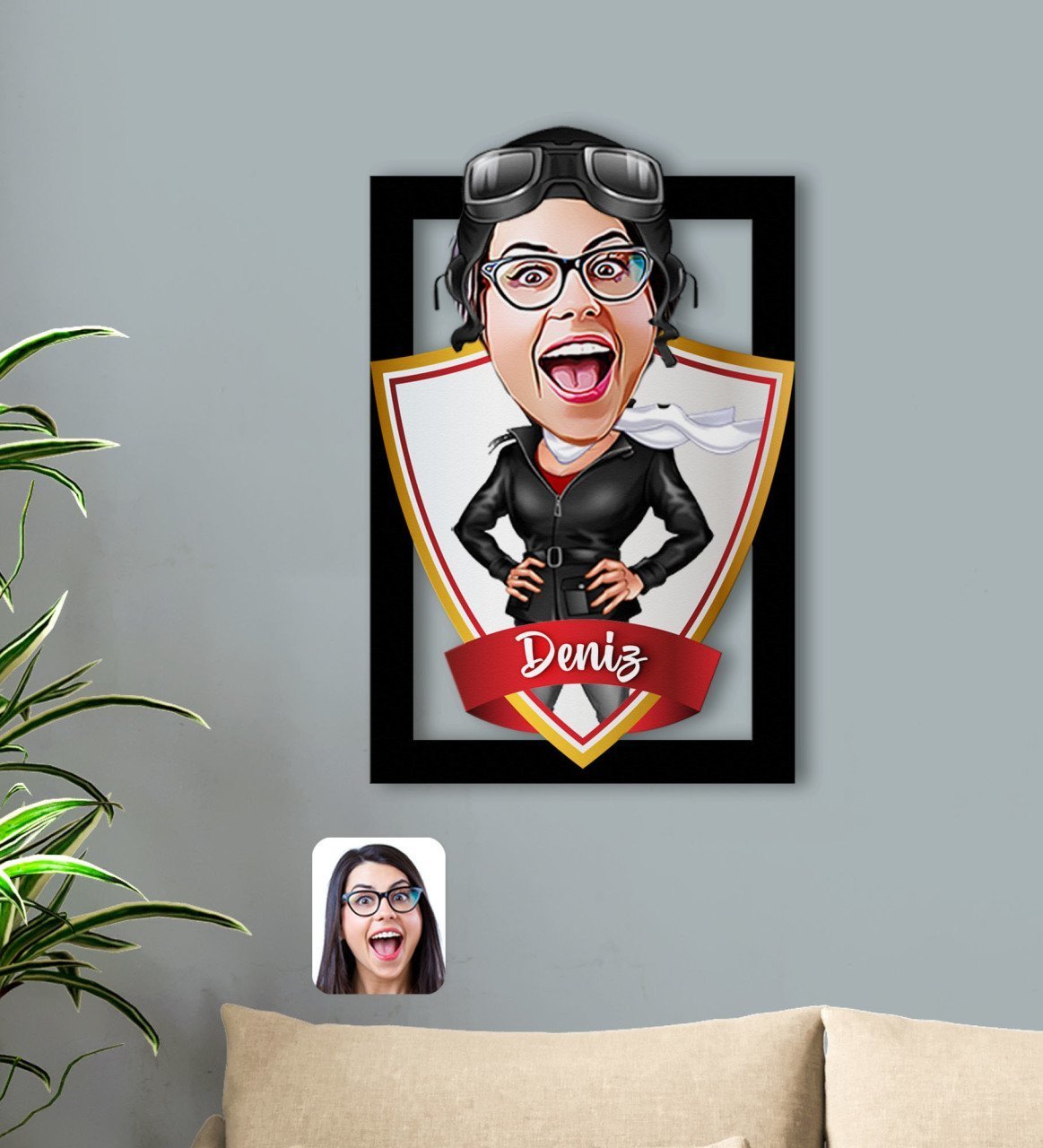 Kişiye Özel İsimli Kadın Pilot Karikatürlü 3D Ahşap Tablo
