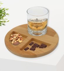 Kişiye Özel İsimli Viski Bardağı ve Doğal Masif Ahşap Yuvarlak Sunum Tabağı Çerezlik Hediye Seti-9