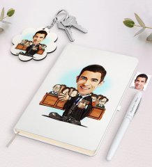Kişiye Özel Erkek Avukat Karikatürlü Beyaz Defter Kalem ve Anahtarlık Hediye Seti-2