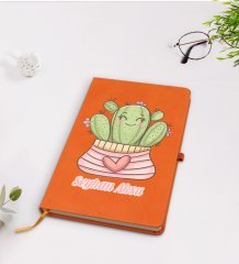 Kişiye Özel Kaktüs Tasarımlı Turuncu Termo Deri Defter Model 2
