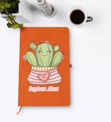 Kişiye Özel Kaktüs Tasarımlı Turuncu Termo Deri Defter Model 2