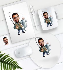 Kişiye Özel Bay Balıkçı Karikatürlü Defter Kalem Kupa Mouse Pad Seti