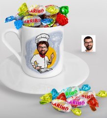 Kişiye Özel Bay Chef Karikatürlü Türk Kahvesi Fincanı ve Haribo Şeker Hediye Seti-12