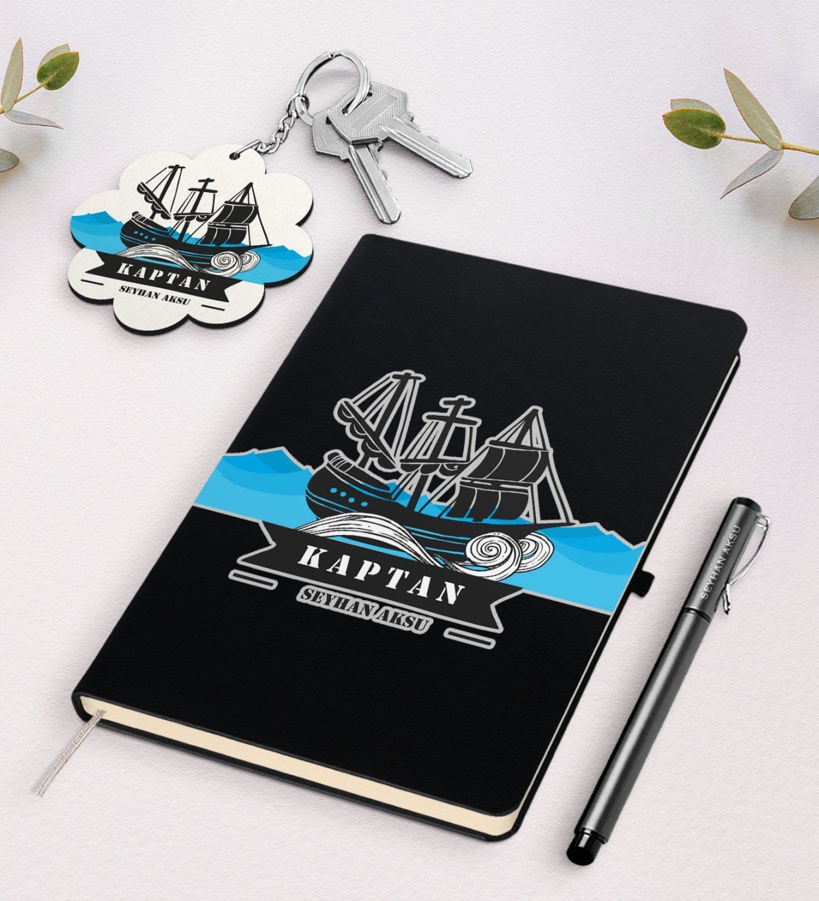 Kişiye Özel Kaptan Siyah Defter Kalem Ve Anahtarlık Hediye Seti-8