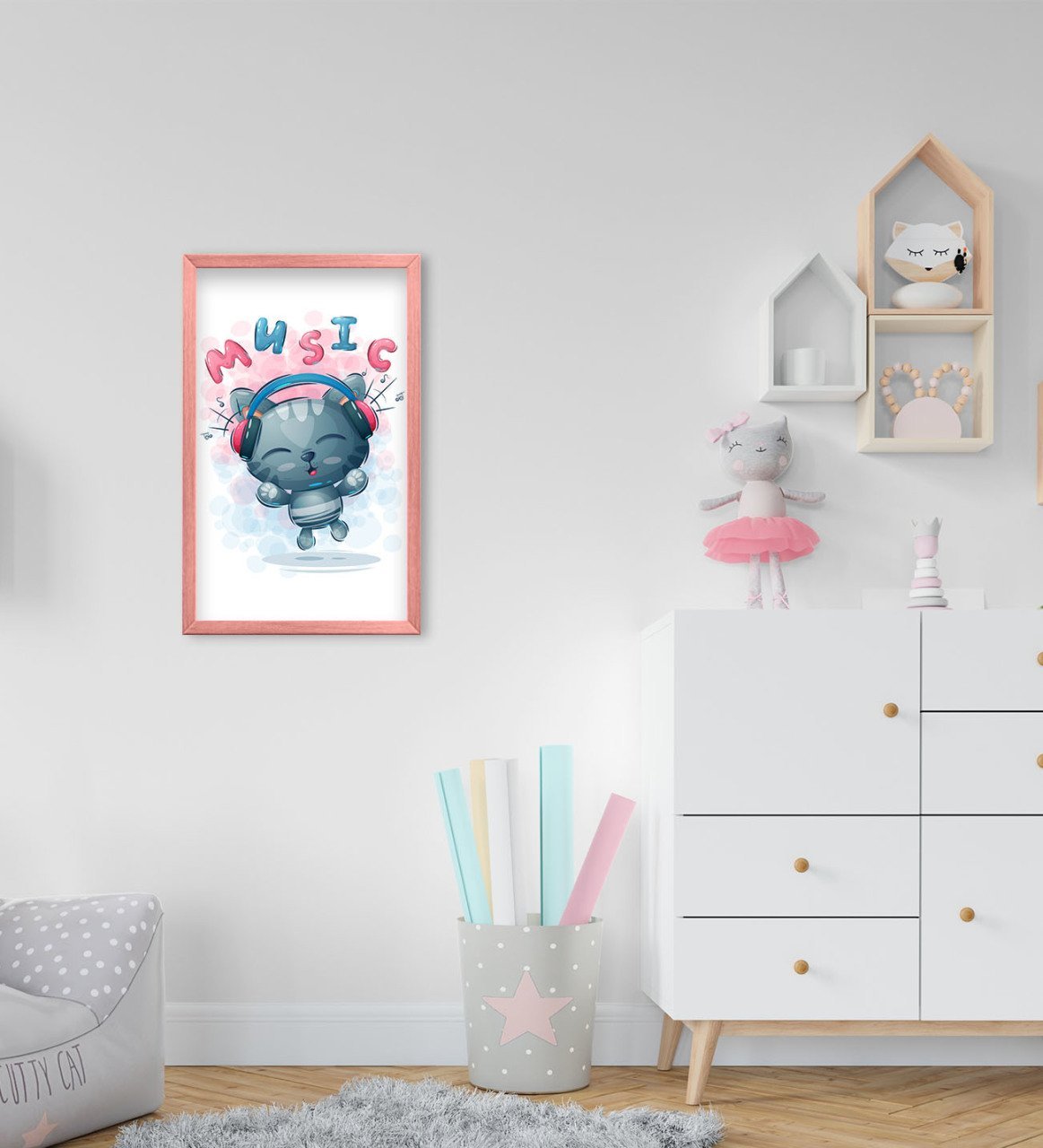 BK Home Sevimli Kedi Tasarımlı Dekoratif Pembe Ahşap Çerçeveli Çocuk Odası Tablo-5