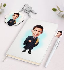 Kişiye Özel Erkek Avukat Karikatürlü Beyaz Defter Kalem ve Anahtarlık Hediye Seti-1
