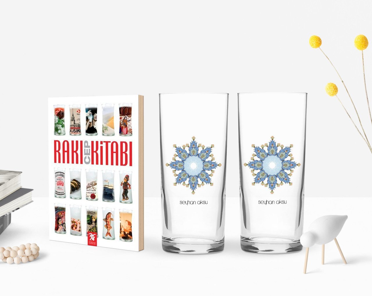 Kişiye Özel Renkli Baskılı İsimli İkili Rakı Bardağı ve Rakı Cep Kitabı Hediye Seti-105