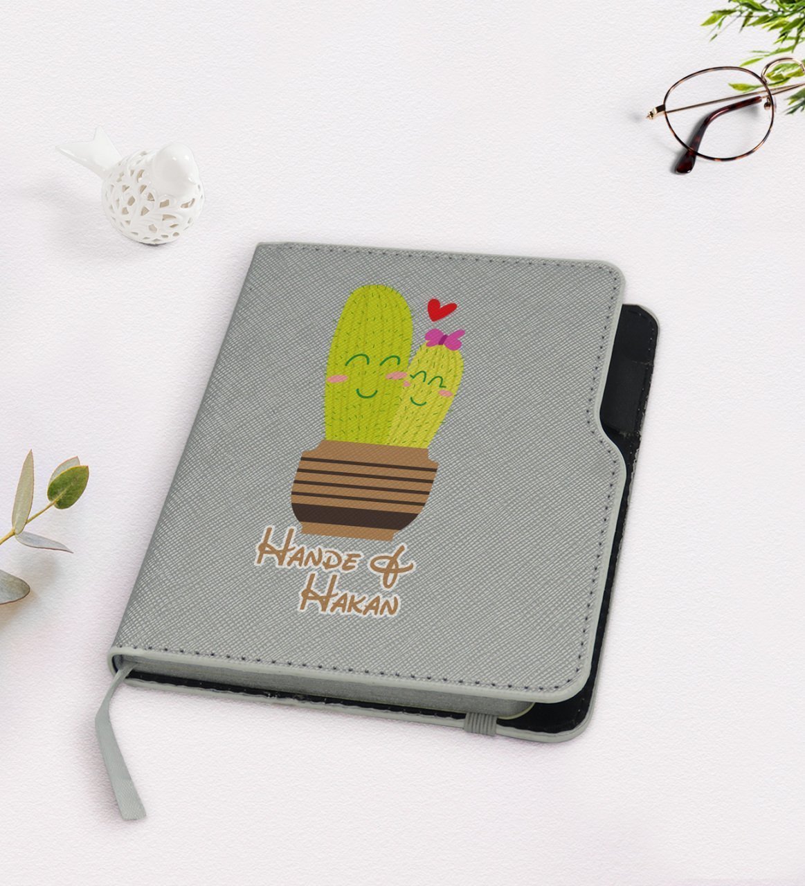 Kişiye Özel Kaktüs Tasarımlı Gri Termo Deri Defter-13