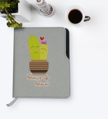 Kişiye Özel Kaktüs Tasarımlı Gri Termo Deri Defter-13