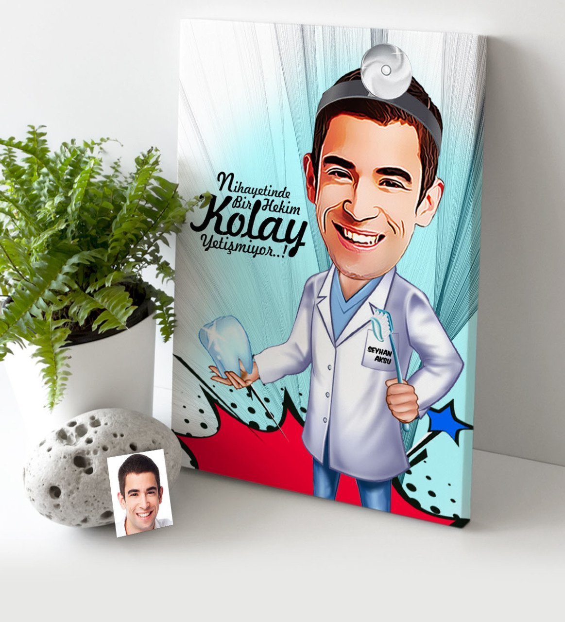 Kişiye Özel Bay Diş Hekimi Karikatür Kanvas Tablo (30 x 50 cm.) 3