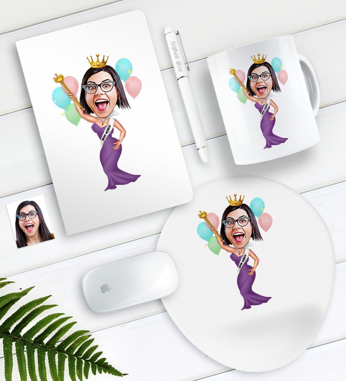 Kişiye Özel Güzellik Kraliçesi Karikatürlü Defter Kalem Kupa Mouse Pad Seti