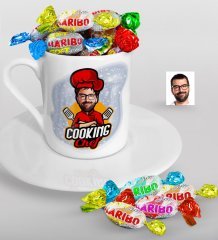 Kişiye Özel Bay Chef Karikatürlü Türk Kahvesi Fincanı ve Haribo Şeker Hediye Seti-11