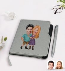 Kişiye Özel Sevgililer Karikatürlü Gri Termo Deri Defter Kalem Seti-80