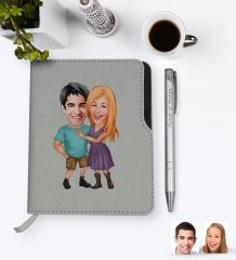 Kişiye Özel Sevgililer Karikatürlü Gri Termo Deri Defter Kalem Seti-80
