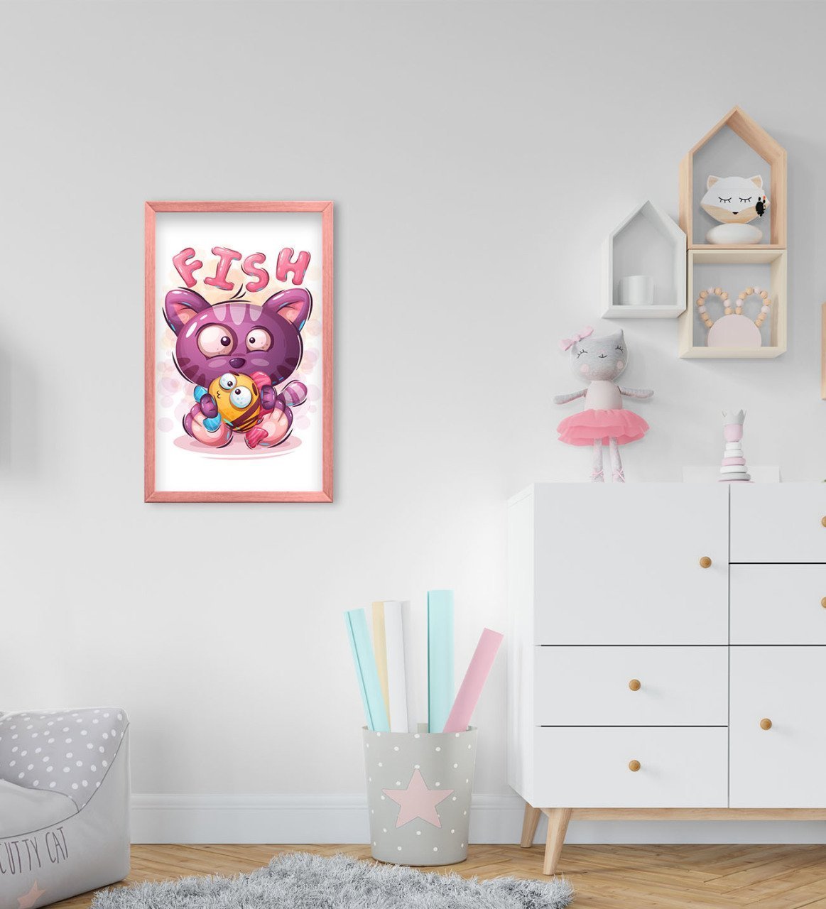 BK Home Sevimli Kedi Tasarımlı Dekoratif Pembe Ahşap Çerçeveli Çocuk Odası Tablo-4