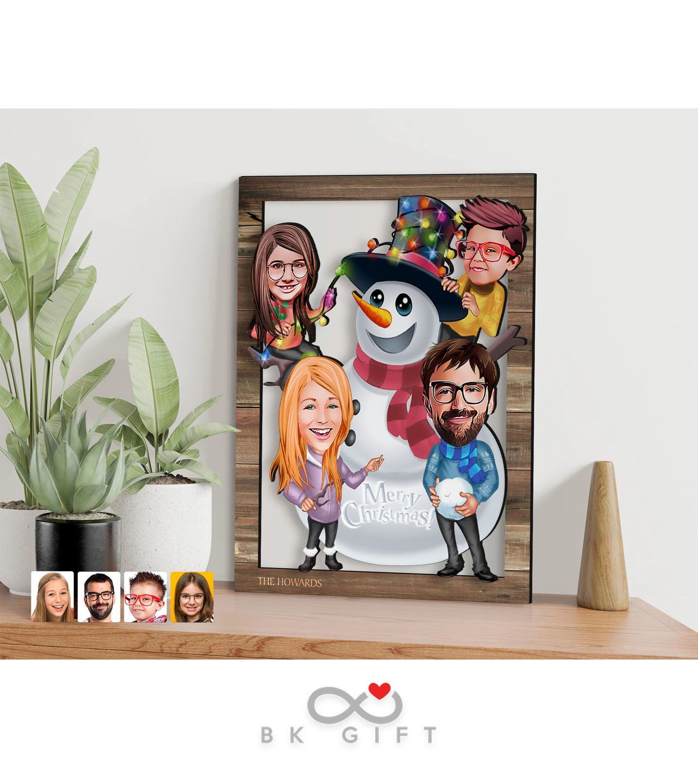 BK Gift Kişiye Özel Yeni Yıl 4'lü Aile Karikatürlü 3D Ahşap Tablo-2