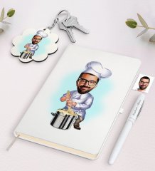 Kişiye Özel Erkek Aşçı Karikatürlü Beyaz Defter Kalem ve Anahtarlık Hediye Seti