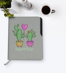 Kişiye Özel Kaktüs Tasarımlı Gri Termo Deri Defter-12