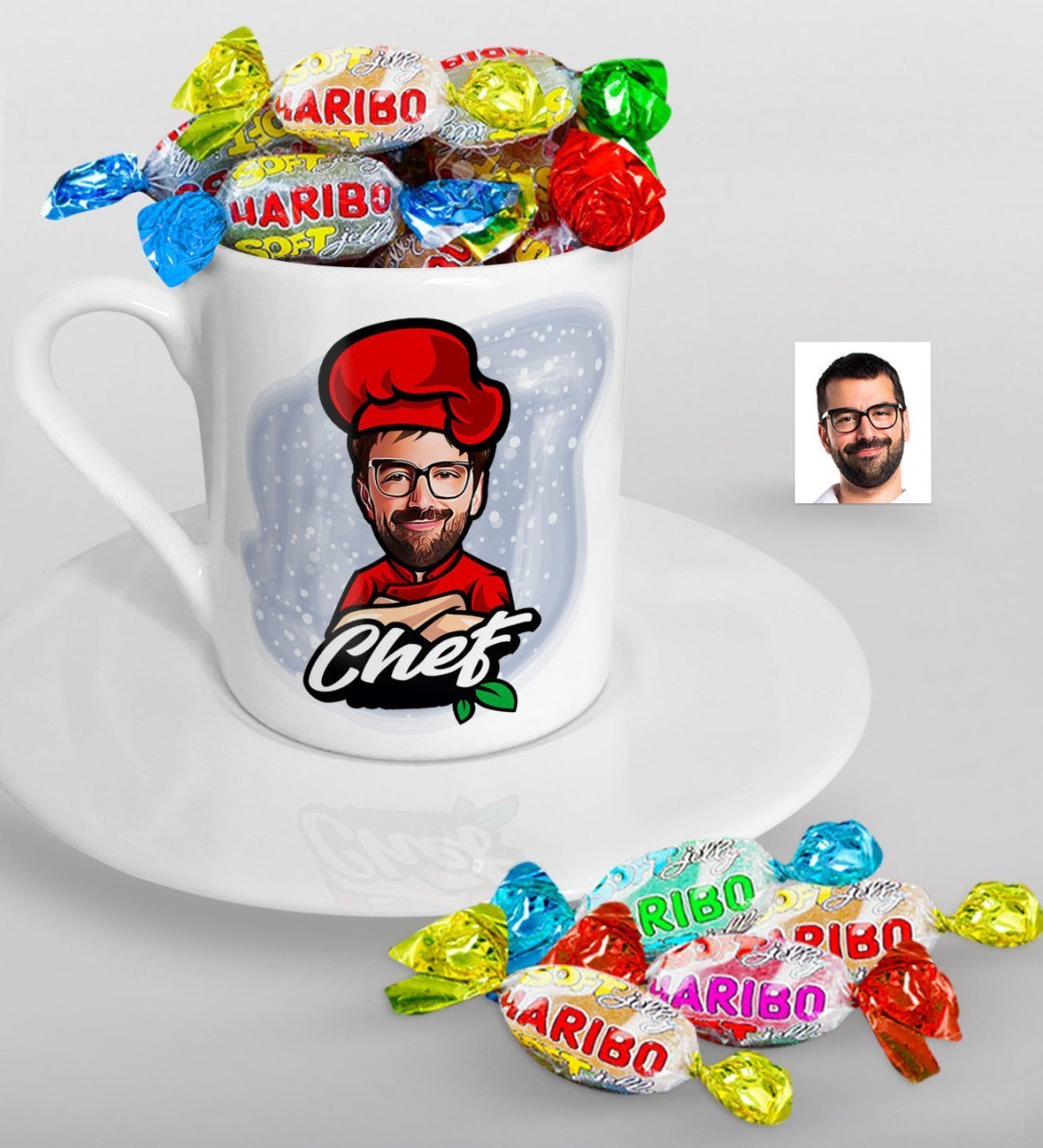Kişiye Özel Bay Chef Karikatürlü Türk Kahvesi Fincanı ve Haribo Şeker Hediye Seti-10