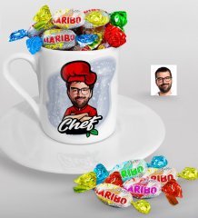 Kişiye Özel Bay Chef Karikatürlü Türk Kahvesi Fincanı ve Haribo Şeker Hediye Seti-10