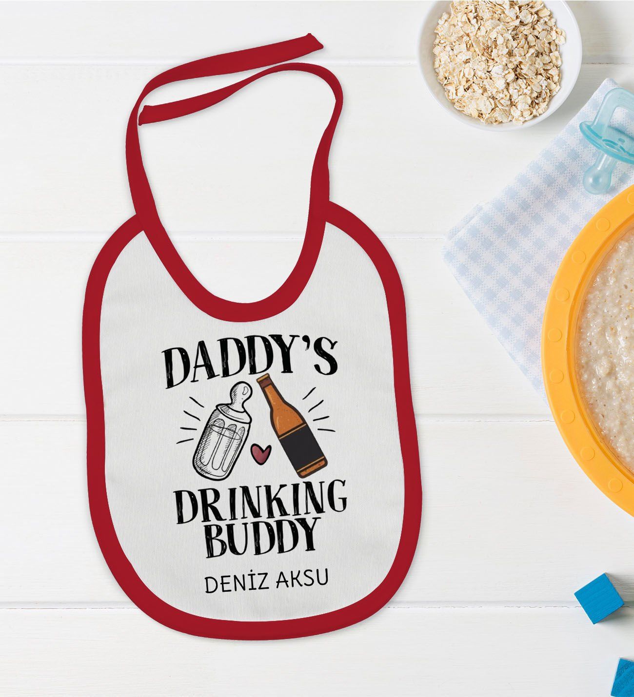BK Kids Kişiye Özel Drinking Buddy Tasarımlı Kırmızı Bebek Mama Önlüğü-2