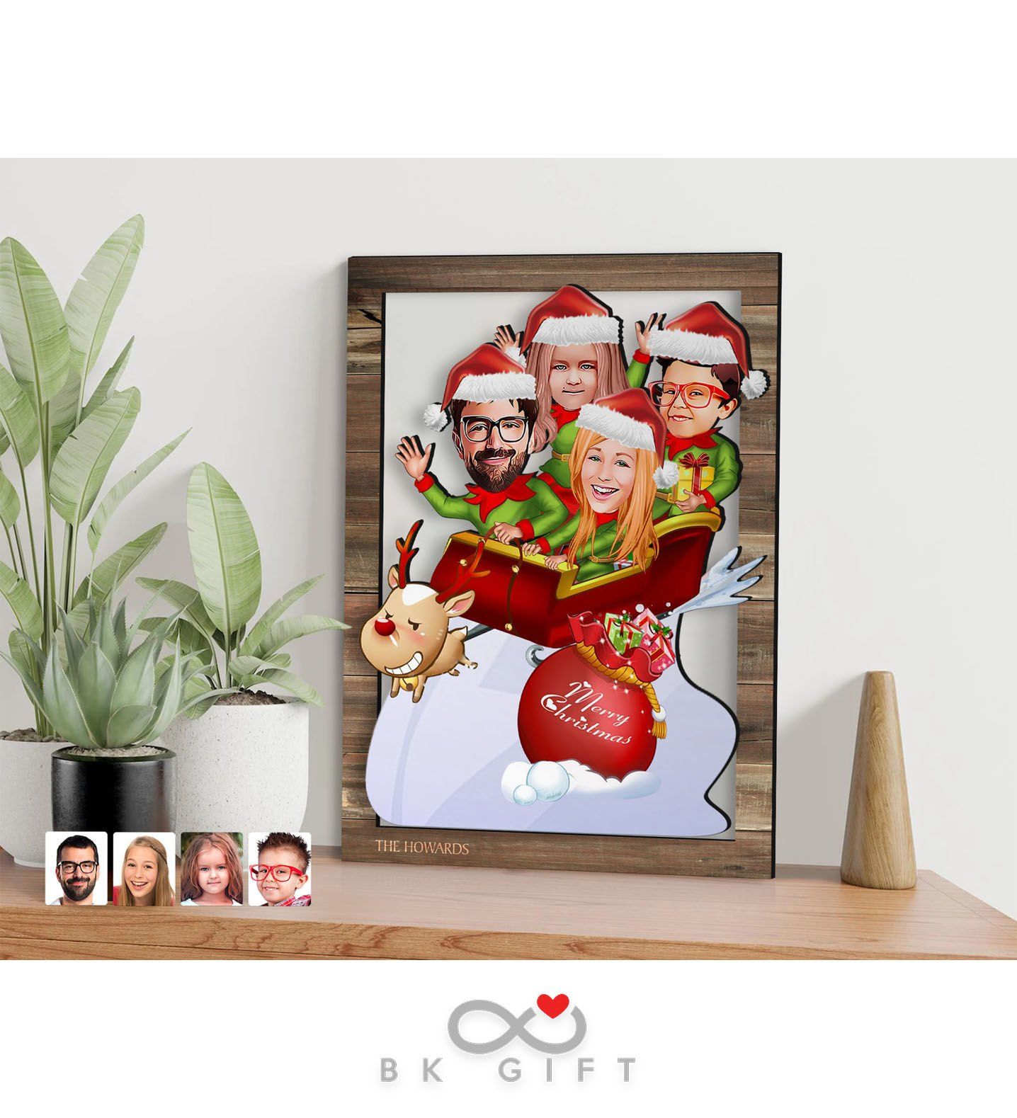 BK Gift Kişiye Özel Yeni Yıl 4'lü Aile Karikatürlü 3D Ahşap Tablo-1