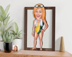 BK Gift Kişiye Özel Kadın Yüzücü Karikatürlü 3D Ahşap Tablo-1, Sevgiliye Hediye, Arkadaşa Hediye, Doğum Günü Hediyesi