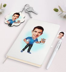 Kişiye Özel Antrenör Karikatürlü Beyaz Defter Kalem ve Anahtarlık Hediye Seti