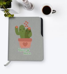 Kişiye Özel Kaktüs Tasarımlı Gri Termo Deri Defter-11