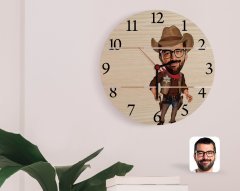 Kişiye Özel Kovboy Karikatürlü Otantik Ahşap Palet Saat-1