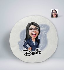 Kişiye Özel İsimli Kadın Patron Karikatürlü Yuvarlak Araç Koltuk Yastığı-4