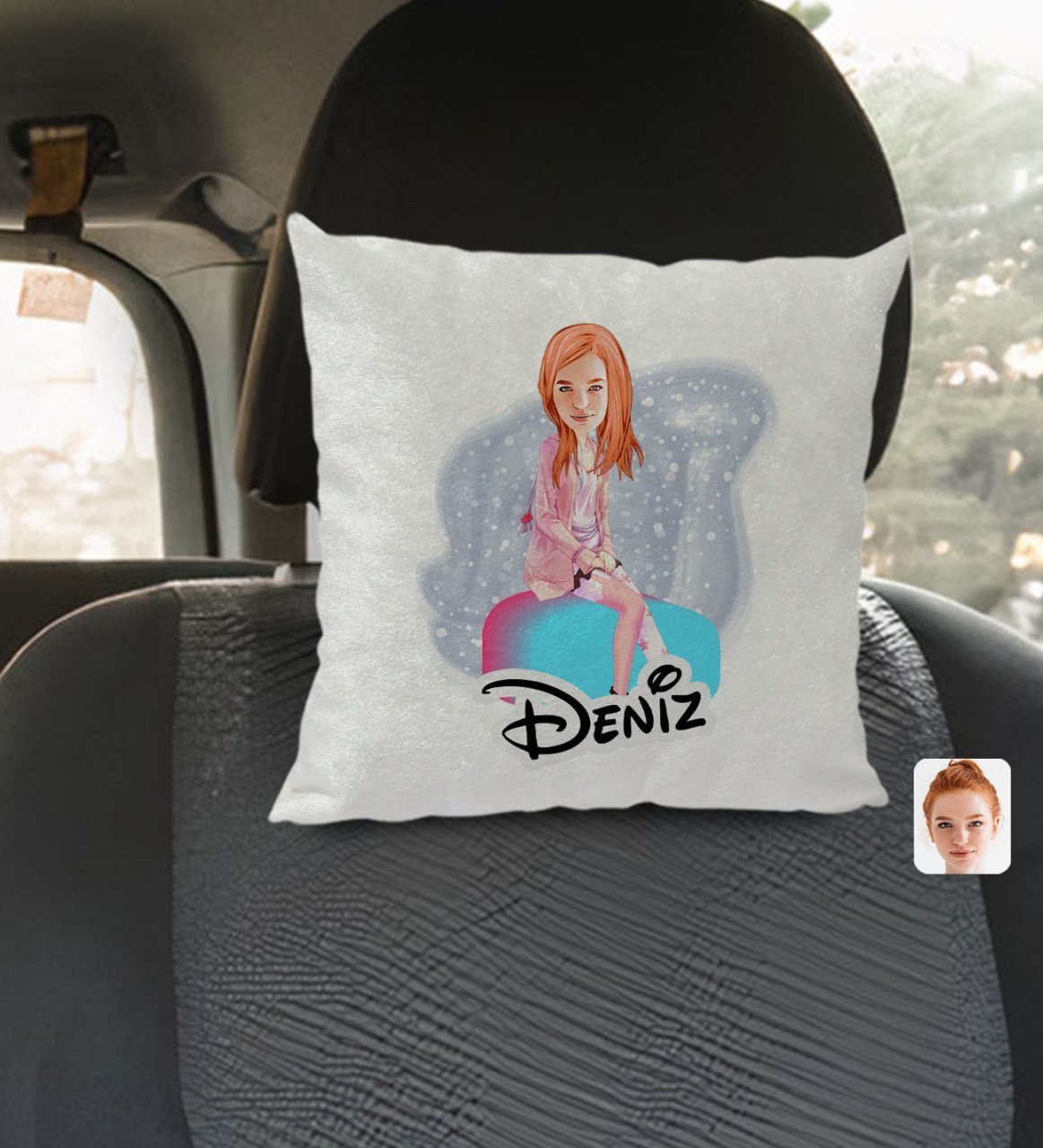 Kişiye Özel İsimli Kadın Karikatürlü Kare Araç Koltuk Yastığı-32