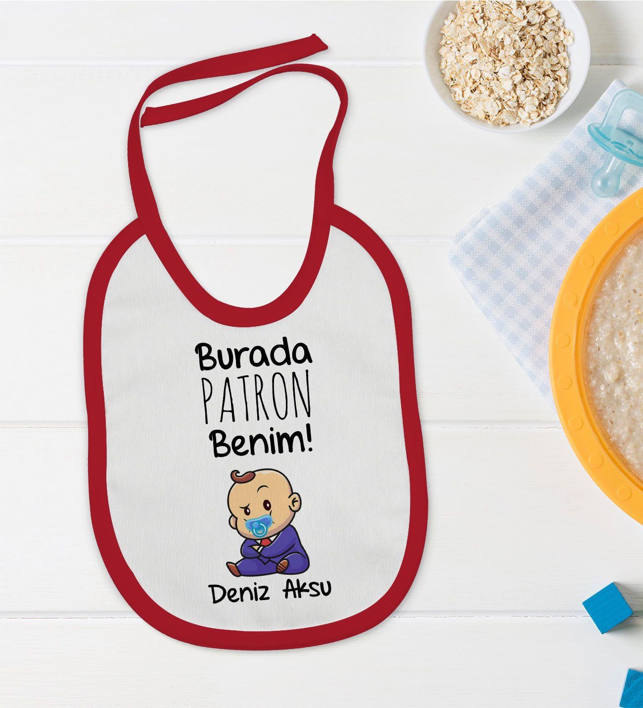 BK Kids Kişiye Özel Burada Patron Benim Tasarımlı Kırmızı Bebek Mama Önlüğü-1