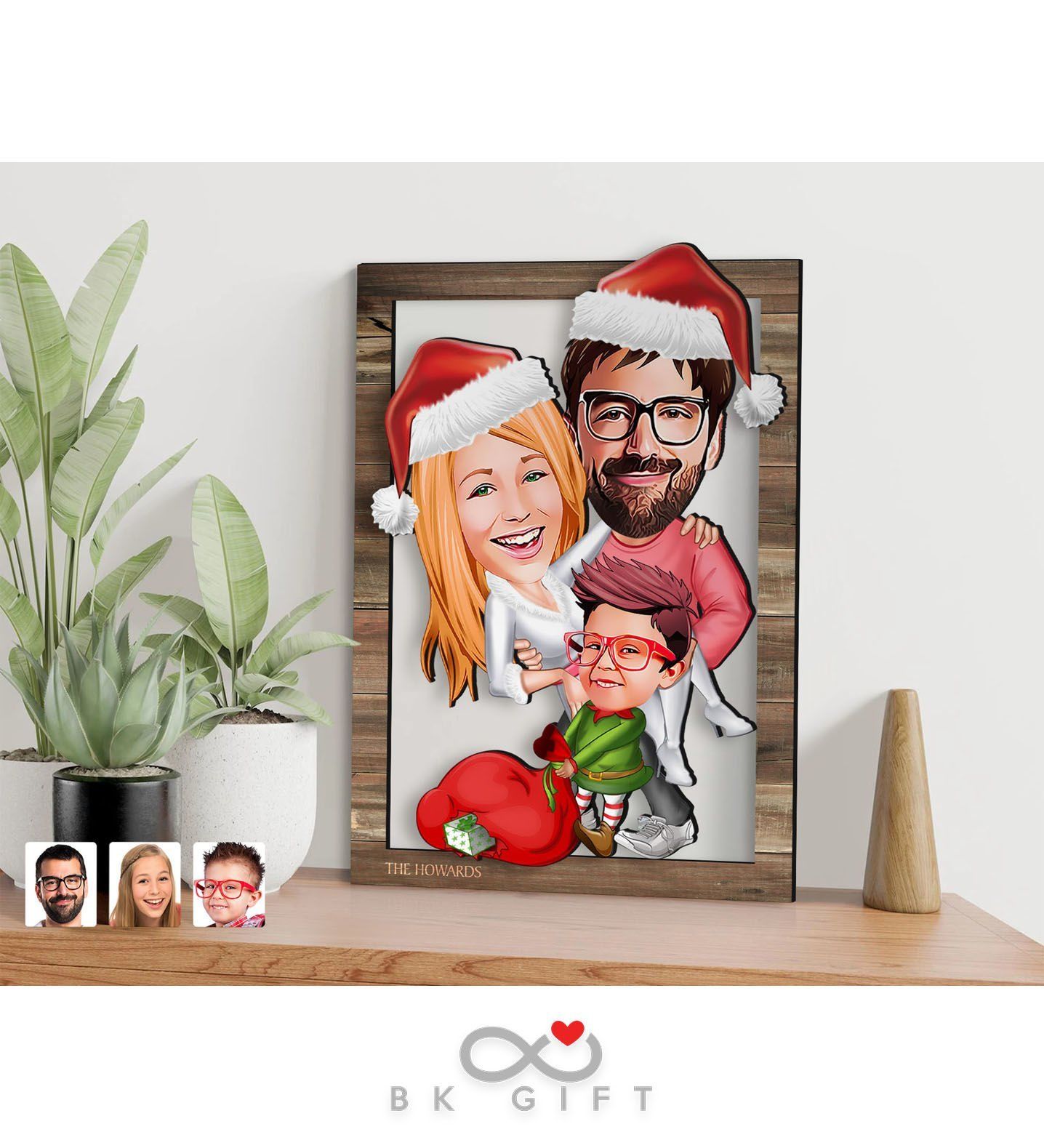 BK Gift Kişiye Özel Yeni Yıl 3'lü Aile Karikatürlü 3D Ahşap Tablo