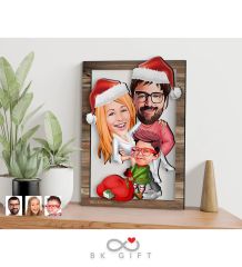 BK Gift Kişiye Özel Yeni Yıl 3'lü Aile Karikatürlü 3D Ahşap Tablo
