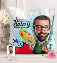 Kişiye Özel Bay Ressam Karikatürlü Saten Yastık - 1