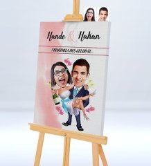 Kişiye Özel Nikahımıza Hoş Geldiniz Şovaleli Karikatür Kanvas Tablo - 1