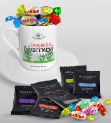 Kişiye Özel Bahçecilik Öğretmeni Türk Kahvesi Fincanı Selamlique Karışık Türk Kahvesi ve Haribo Şeker Hediye Seti-2