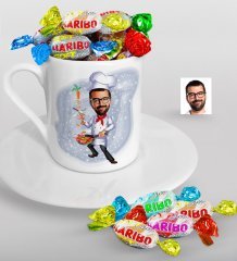 Kişiye Özel Bay Chef Karikatürlü Türk Kahvesi Fincanı ve Haribo Şeker Hediye Seti-1