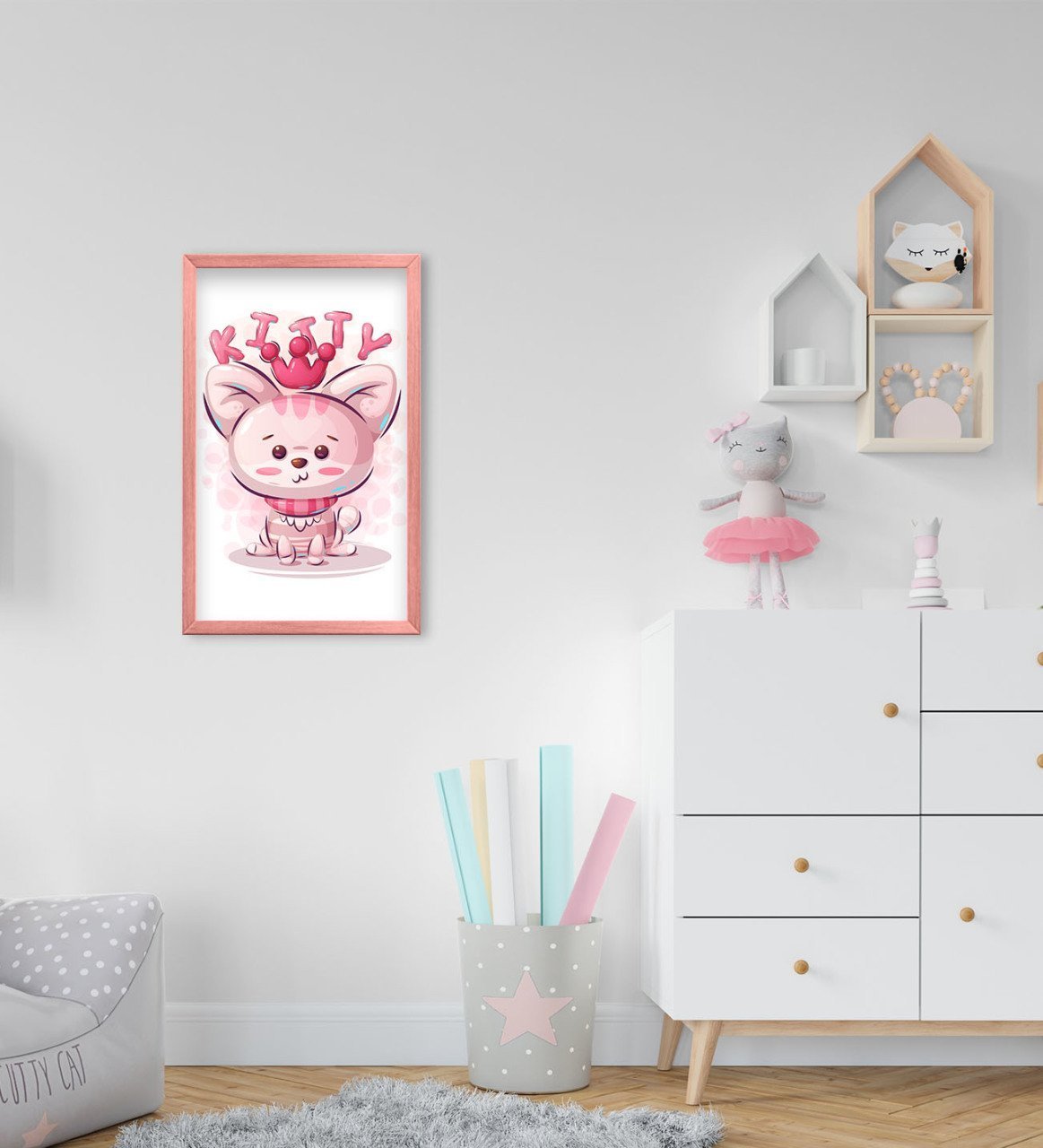 BK Home Sevimli Kedi Tasarımlı Dekoratif Pembe Ahşap Çerçeveli Çocuk Odası Tablo-1