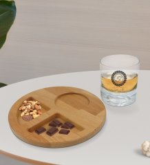 Kişiye Özel İsimli Viski Bardağı ve Doğal Masif Ahşap Yuvarlak Sunum Tabağı Çerezlik Hediye Seti-2