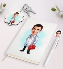 Kişiye Özel Acil Tıp Teknisyeni Karikatürlü Beyaz Defter Kalem ve Anahtarlık Hediye Seti